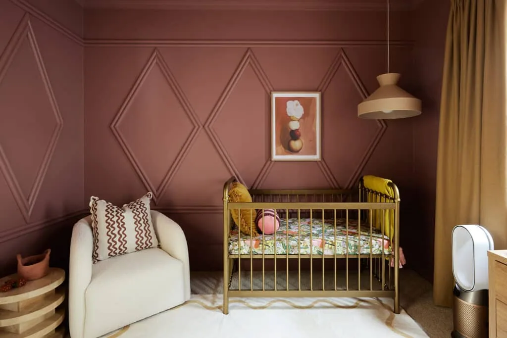 Contemporary minimalist nursery styled with natural textures, and featuring Intrim mouldings in geometric shapes for depth and understated sophistication on the walls.