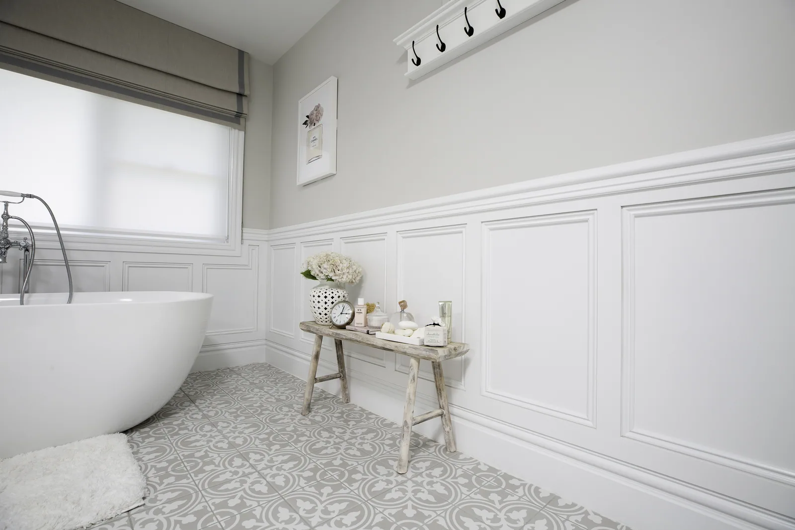 Modern classic wainscoting wall panelling in a light, neutral Australian interior