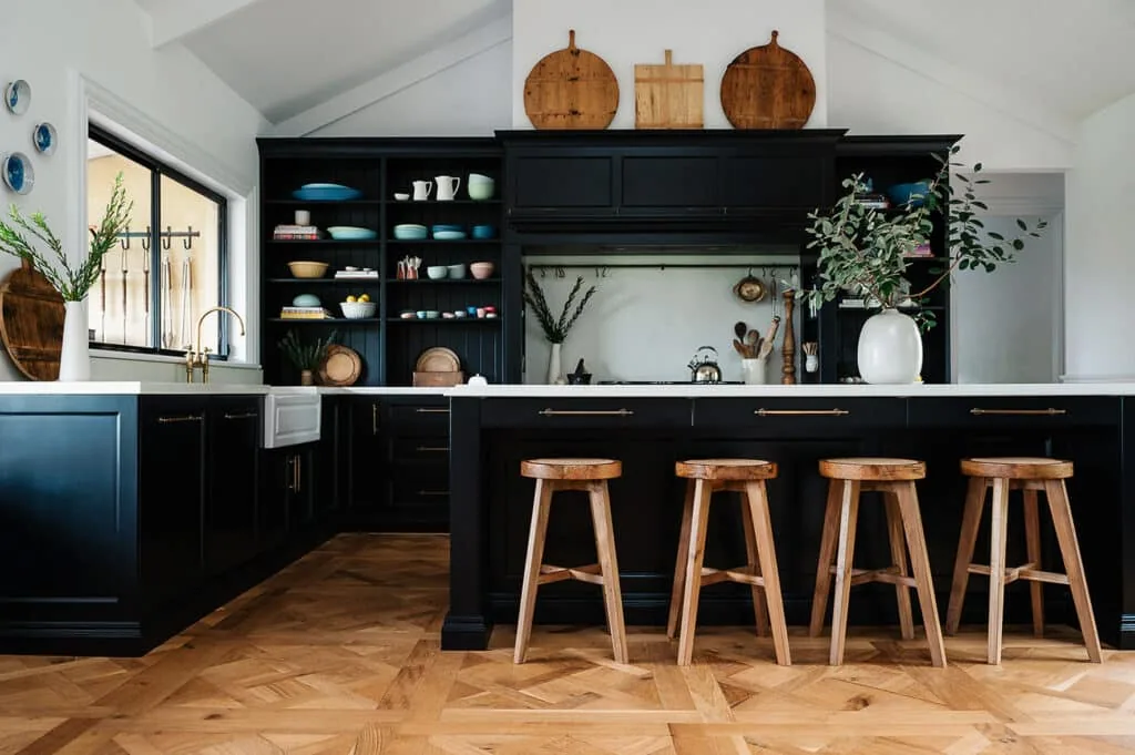 Intrim timber mouldings and parquetry flooring in a Modern Farmhouse kitchen