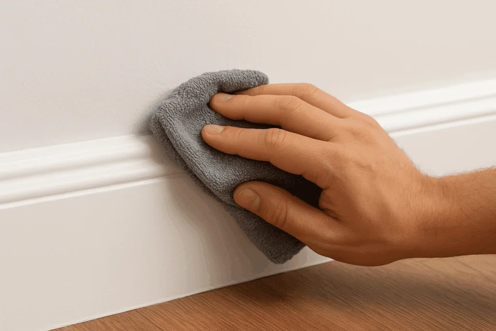 A person's hand cleaning a white skirting board with a wet cloth
