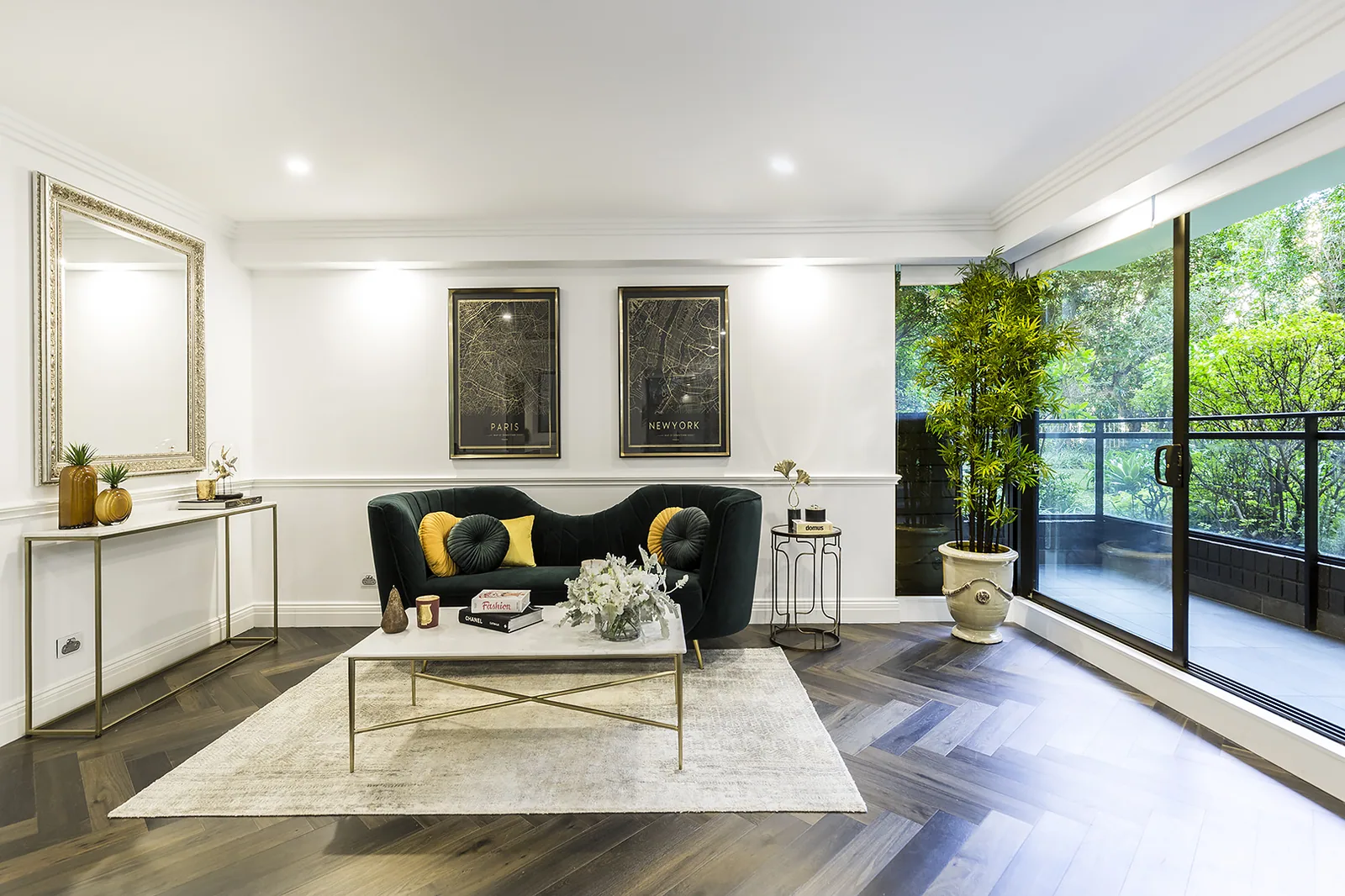 1920s house interior Australia featuring a parquet floor and elegant furniture with bold colours and metallic accents