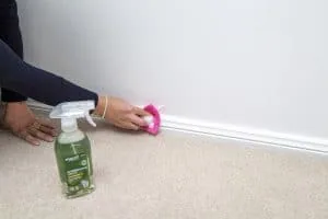 A woman's hand wiping the bottom of skirting boards