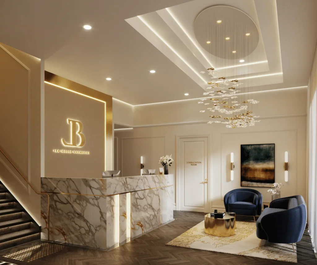 A stylish reception and waiting room at a cosmetic studio with dark wood flooring, a marble reception bench and feature wall to ceiling wainscoting on the walls.